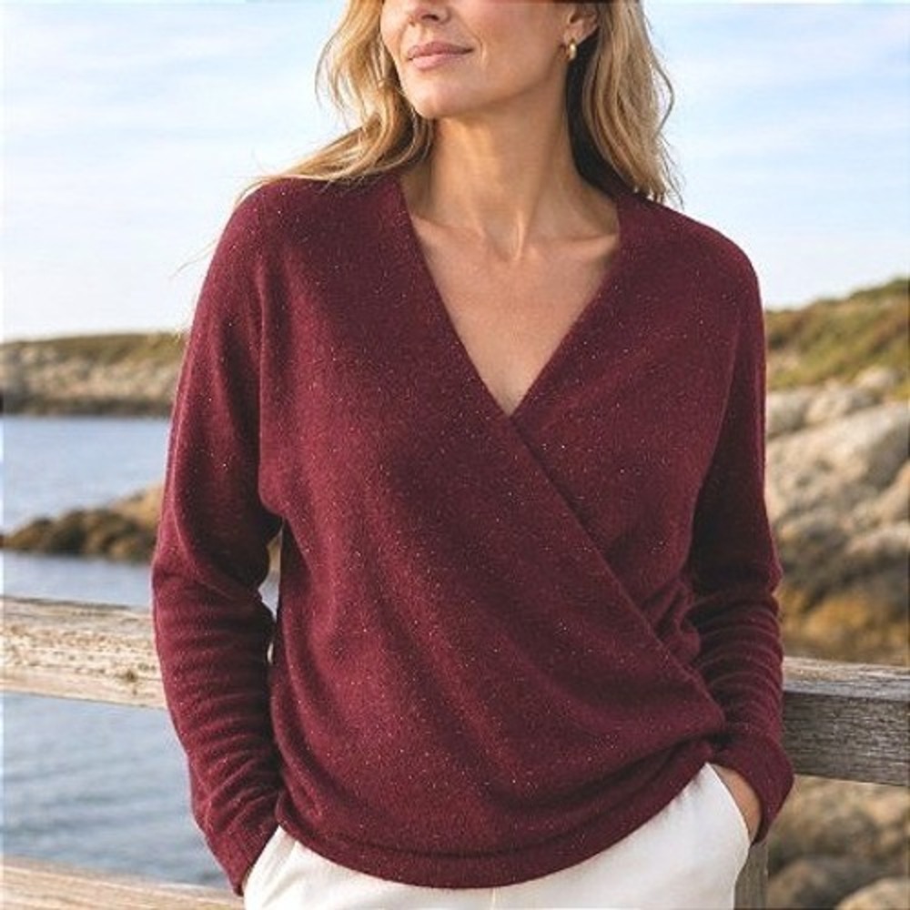 Land's End Burgundy Wrap Crop Sweater Textured 100% Cashmere Preppy Sweater L